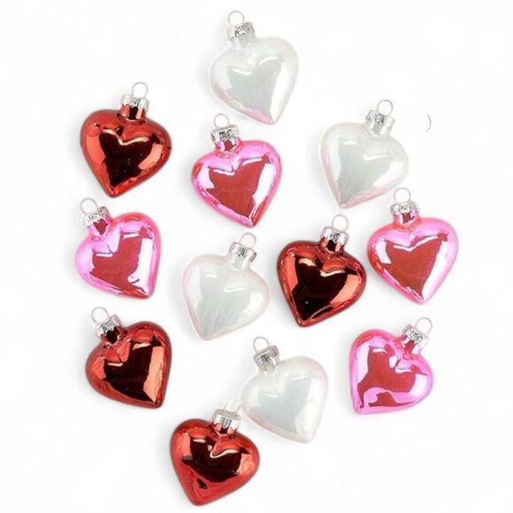 Set of 12 2" Blown Glass Red White Pink Shiny Hearts Christmas Tree Ornaments - Picture 1 of 8